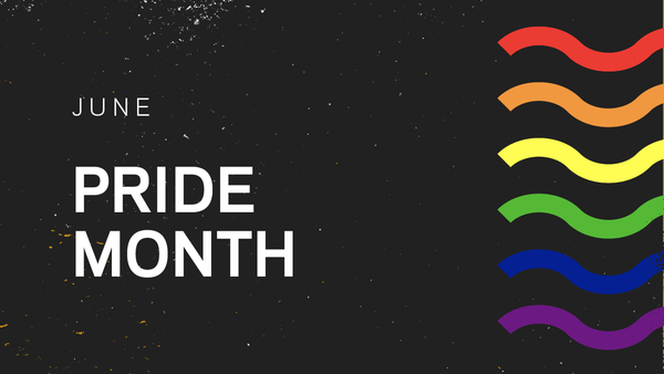 June Pride Month graphic with red, orange, yellow, green, blue, and purple wave design.