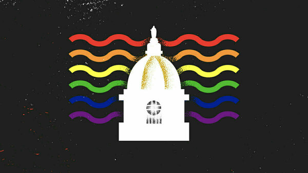 White silhouette of the Main Building dome at the University of Notre Dame with stylized red, orange, yellow, green, blue, and purple waves emanating from it on a black background.