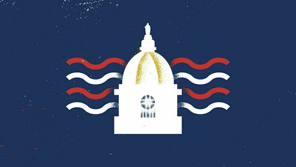 Stylized white and gold Main Building dome on a navy background with interspersed wavy red and white lines.
