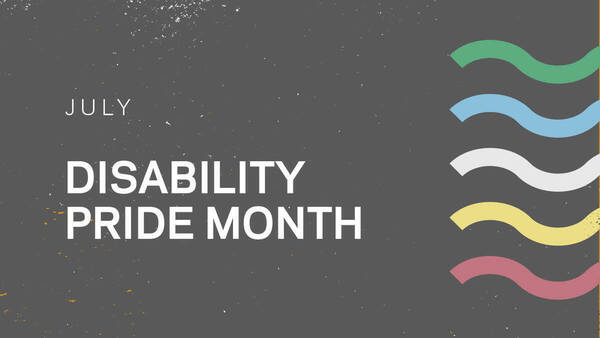 Text "July Disability Pride Month" on a gray background. On the right, green, blue, white, yellow, and red wavy lines evoke the Disability Pride flag.